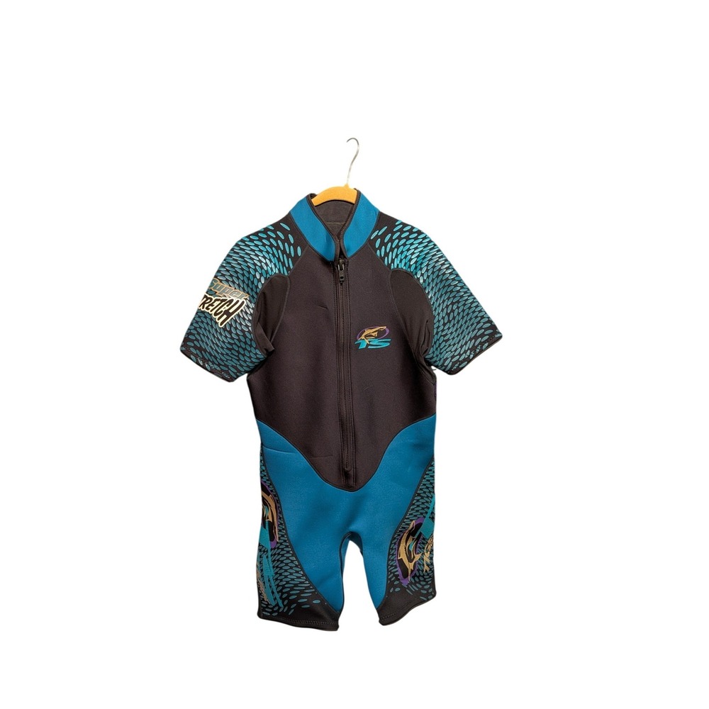Tiger Shark Mens XL Shorty Wetsuit 2mm Neoprene Teal Purple Black Scale Print